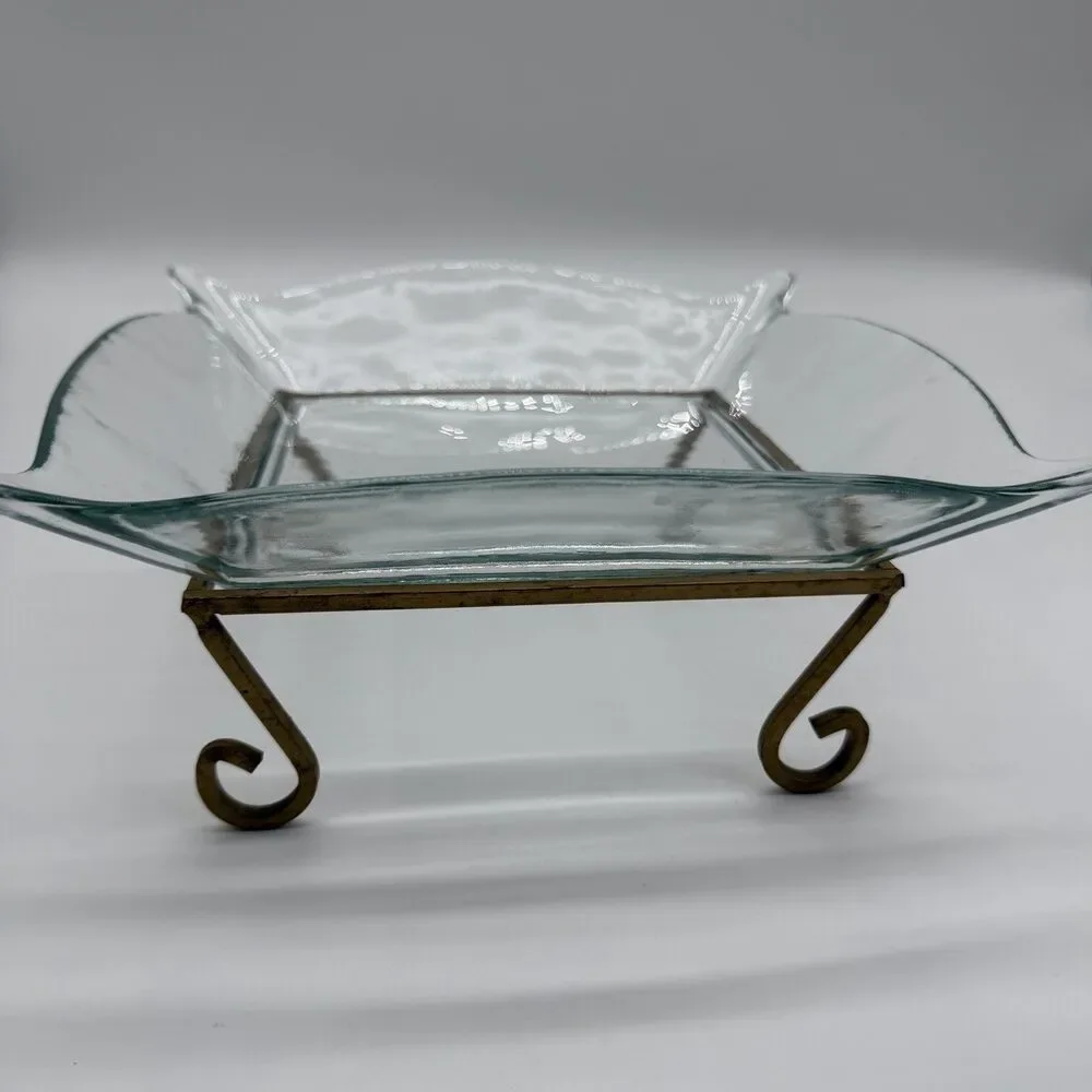 Vintage Square Deep Glass Candle Holder Potpourri With Metal Base Serving Dish